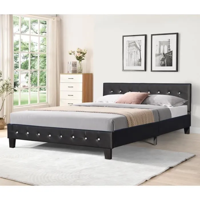 Lit 180x200 cm - Tte de Lit Capitonne Noir - Sommier Lattes 13 Rsistantes - Pieds en 10 cm-2