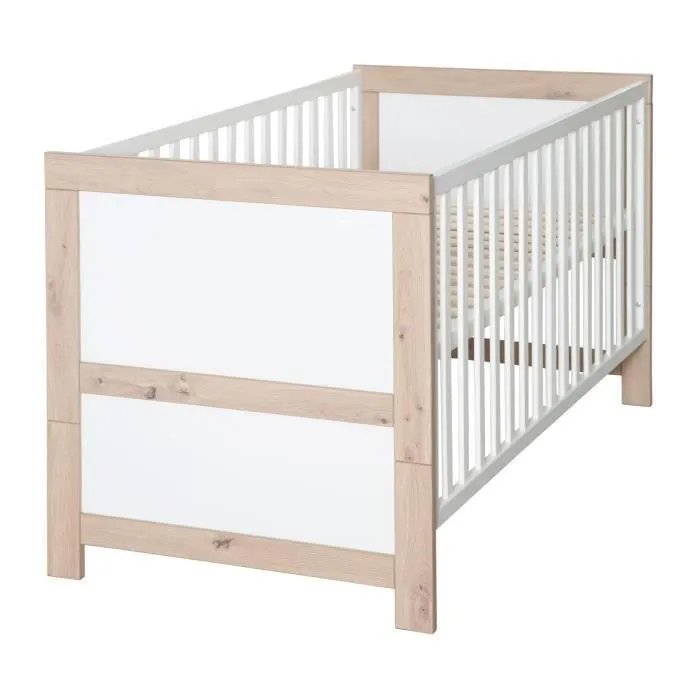 Lit Bébé Évolutif 70 x 140 cm Malo - ROBA - Convertible en Lit Junior - avec Sommier à Hauteur Réglable - Blanc - Chêne-0