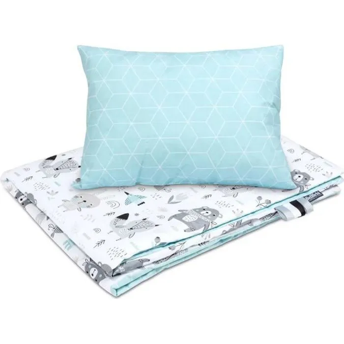 Bellochi Set de Couette Bebe 75x100cm et Coussin Enfant 30x40cm - Réversible et Lavable - 100% Coton - Animaux-0