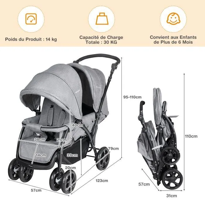 Bebeboutik COSTWAY Poussette Double Pliable pour Jumeaux Auvent Capote Reglable Canne Landau 4 Roues Anti chocs Harnais a 5 Points Charge 30kg