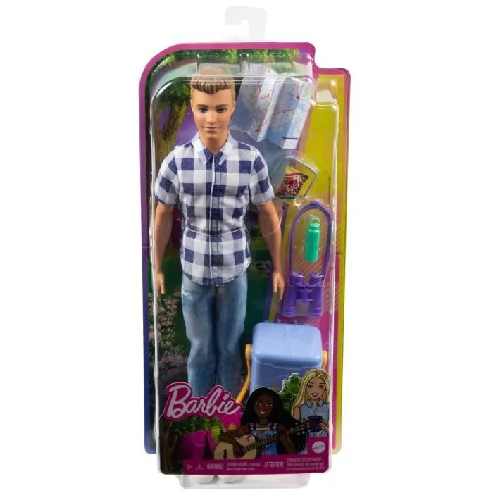 Poupée Barbie Ken Camping - 3 ans et + - Chemisette à carreaux, jean, paire de tennis - 6 accessoires inclus-5