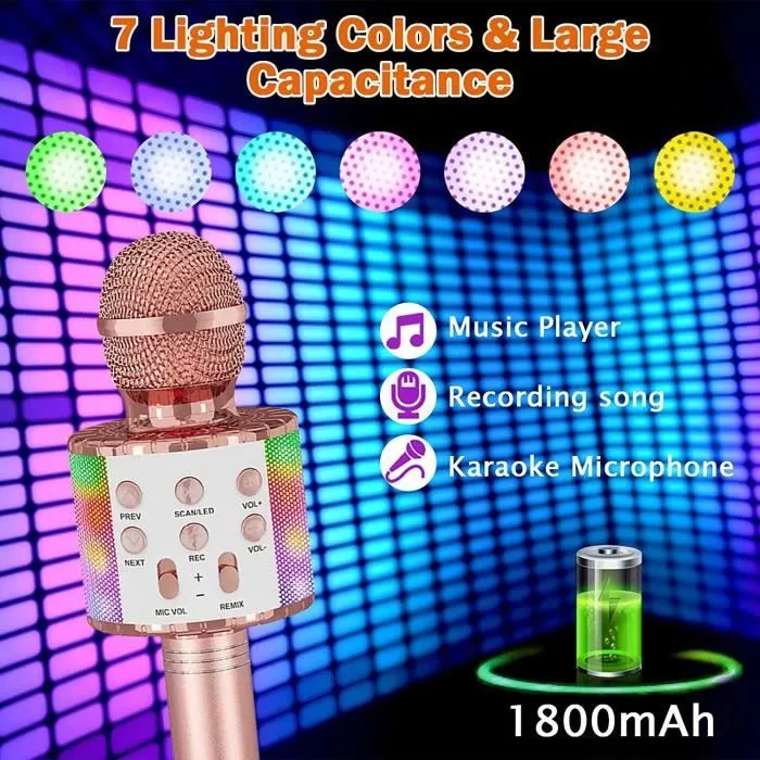 Microphone Karaoké Sans Fil - ELCKNER - Or Rose - 4-en-1 Multifonction - Effet Sound Magic - LED Colorées-2