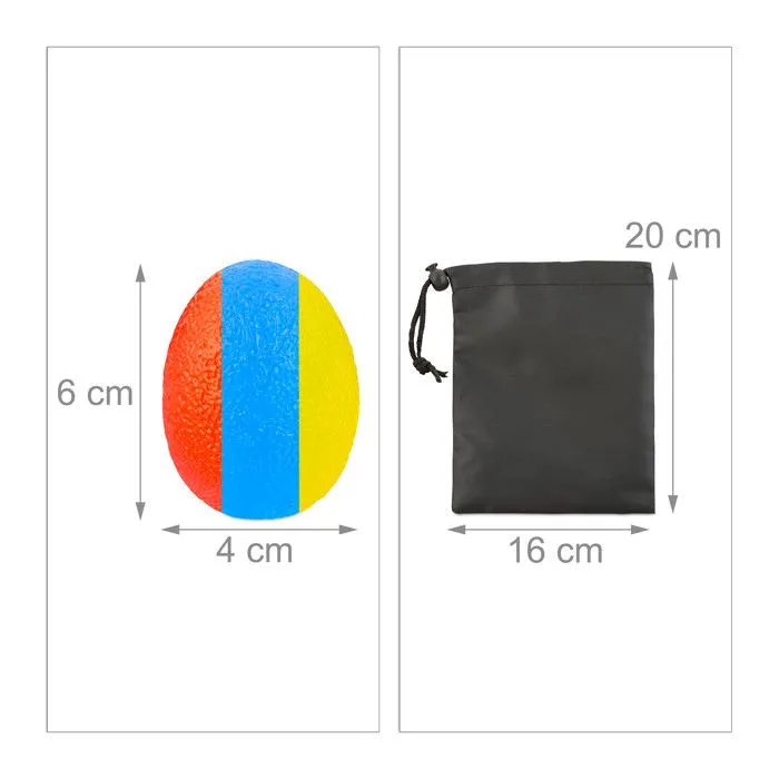 Relaxdays Lot de 3 balles à gripper en forme d’œuf, 3 niveaux de dureté, Balles pour mains, sac, rouge/jaune/bleu-3