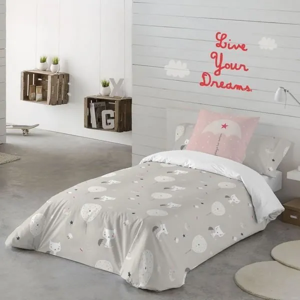 Housse nordique - Haciendo el Indio - Globos & Gatos - 150 x 220 cm - Gris - Chambre-2