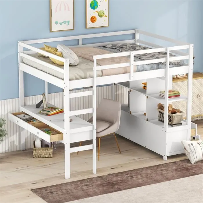 Lit mezzanine 140x200cm pour enfant - lit surélevé avec tiroirs de rangement, bureau et bibliothèque de rangement sous le lit -blanc-1