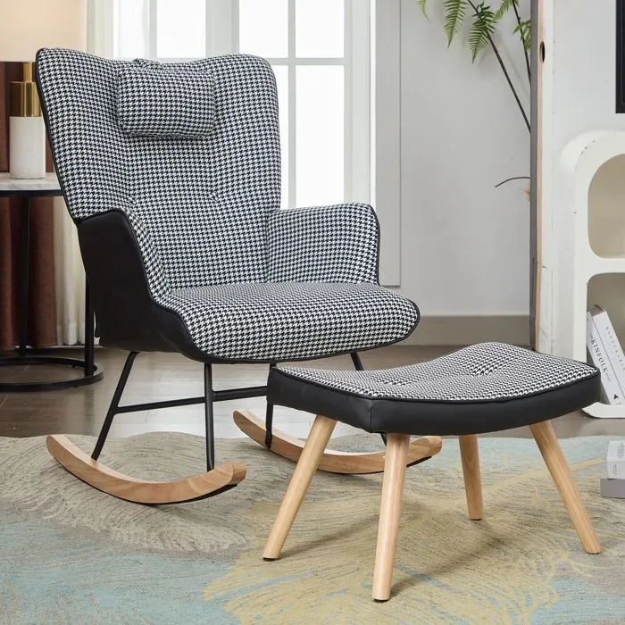 Fauteuil à bascule en tissu avec repose-pieds et repose-tête, noir et blanc-1