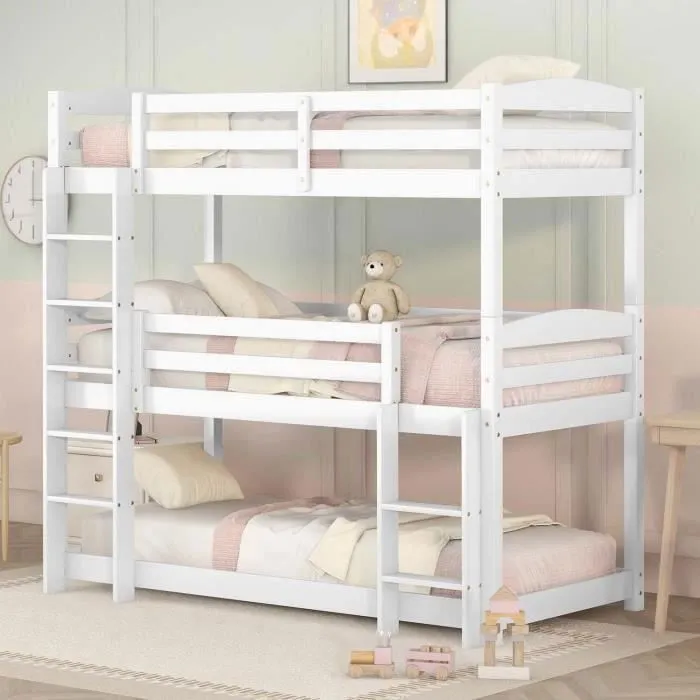 Lit superposé triples 3 x ( 90x200) cm  en bois - sommier lattes - blanc-0