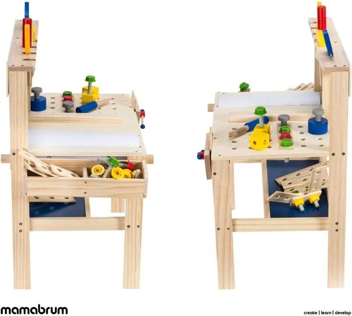 Mamabrum Etabli Enfants en Bois Atelier de Bricolage Ceinture 75 Pièces Table de travail, Marteau, Scie, Tournevis, Clé, + 1 an-2