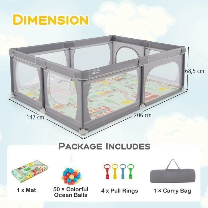 COSTWAY Parc Bébé avec Tapis Pliable en XPE sans BPA Tissu Oxford 206×147×68,5cm 2 Compartiments 50 Balles Océaniques Sac Gris Foncé-5