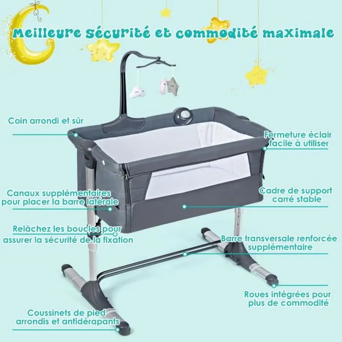 COSTWAY 2 en 1 Berceau Bébé à 9KG Lit Cododo Inclinaison et Hauteur Réglables avec Matelas,Arceau de Jeu,Boîte à Musique Gris-3