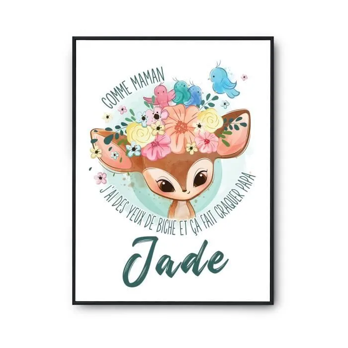 Affiche prénom Jade Biche | Poster pour chambre bébé et enfant pour décoration murale qualité papier Premium A3-0