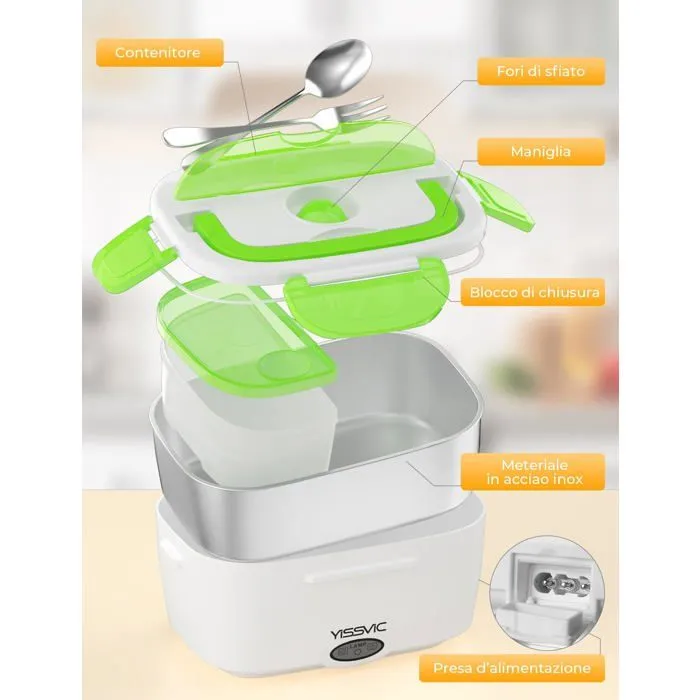 Lunch box Chauffante Électrique Inox,Boîte à Bento 1.5 L 40 W,Gamelle Chauffante 12 V 220 V-3