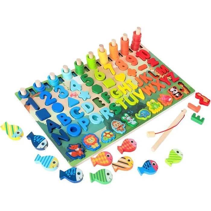 Jouet Puzzle en Bois 6 en 1,Jeu éducatif Enfants 3 à 6 Ans Apprendre Les Lettres Les Formes et Les Mathématiques Compter Les Nombres-0