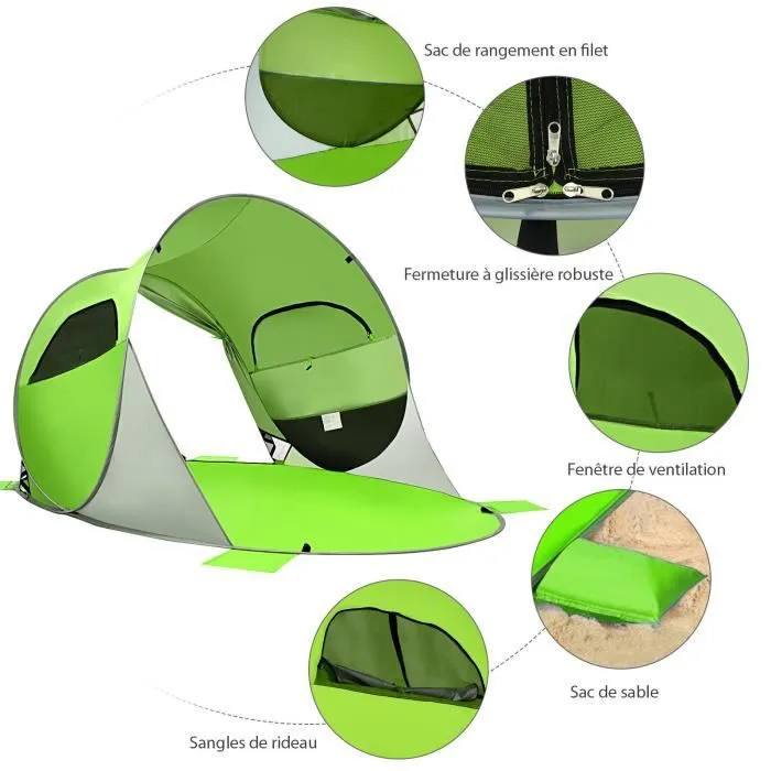 COSTWAY Tente de Plage Pop-up Pliable Automatique Instantanée 3-4 Personnes Anti UV avec 8 Sardines 4 Cordes d’Ancrage Vert-2