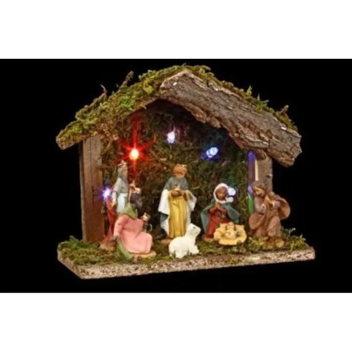 Crèche de Noël lumineuse - FEERIC LIGHT & CHRISTMAS - 5 LED - 7 santons - Résine - Bois-0