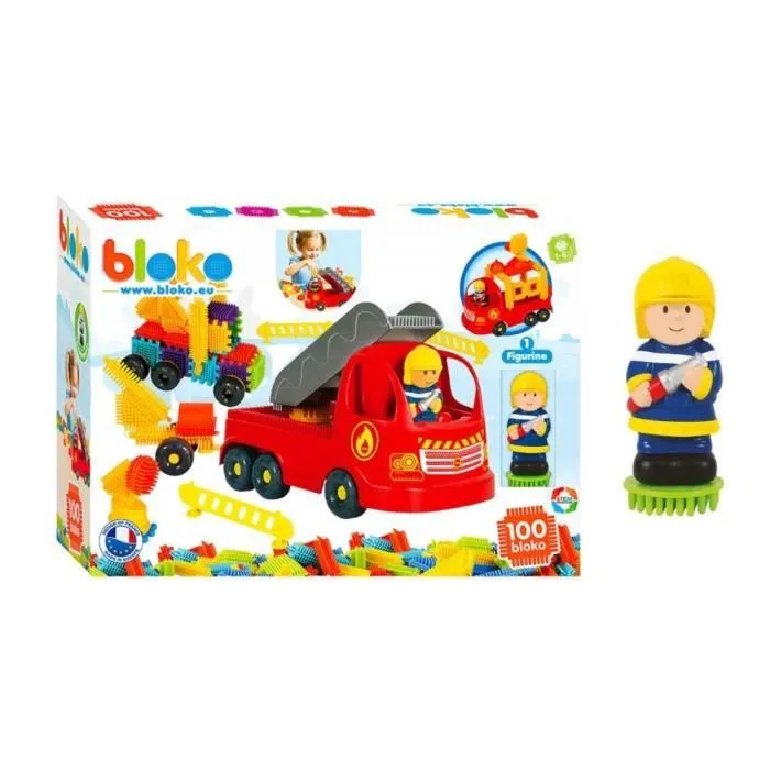 Coffret 100 Bloko + 1 Camion Pompiers + 1 Figurine 3D - Jeu de Construction - Jouet Dès 12 mois - BLOKO 503692-0