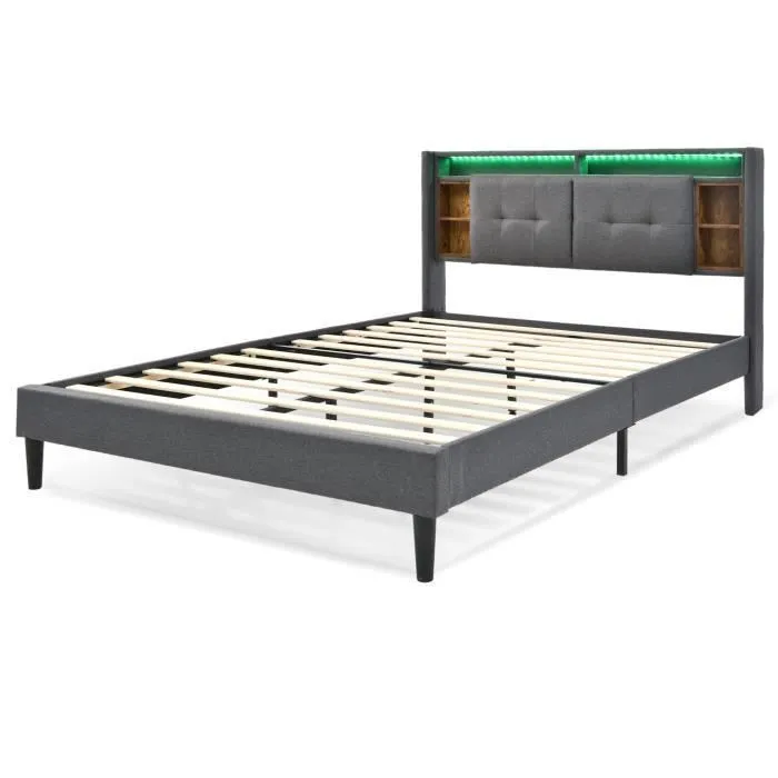 Lit adulte 140x200 cm - Tête de lit avec rangement , LED et ports USB - Sommier inclus - Gris-1
