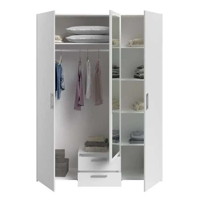 Armoire VARIA - Décor blanc - 3 portes + 2 tiroirs + miroir - L 150 x H 200 x 51 cm-8