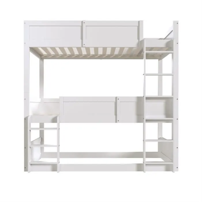 Lit superposé triple 90x200cm - MARQUE - Bois massif - 3 places - Design sécurisé - Blanc-2