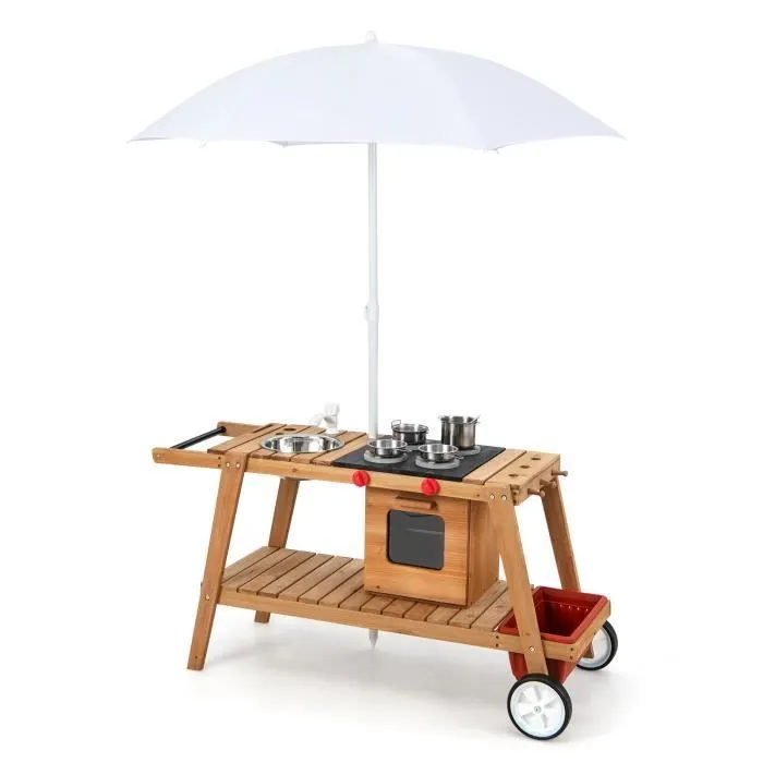 COSTWAY Marchande Enfant avec Accessoires- Voiture Restaurant avec Parasol pour Vendeurs Ambulants Bois 114 x 48 x 66 CM (L x l x H)-0