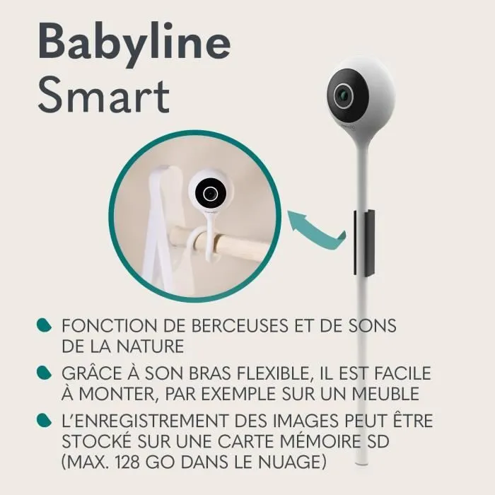 LIONELO Babyline Smart - Babyphone HD - 85° - Caméra Bebe WiFi - Audio Bidirectionnel - Vision nocturne - Contrôle température - USB-2