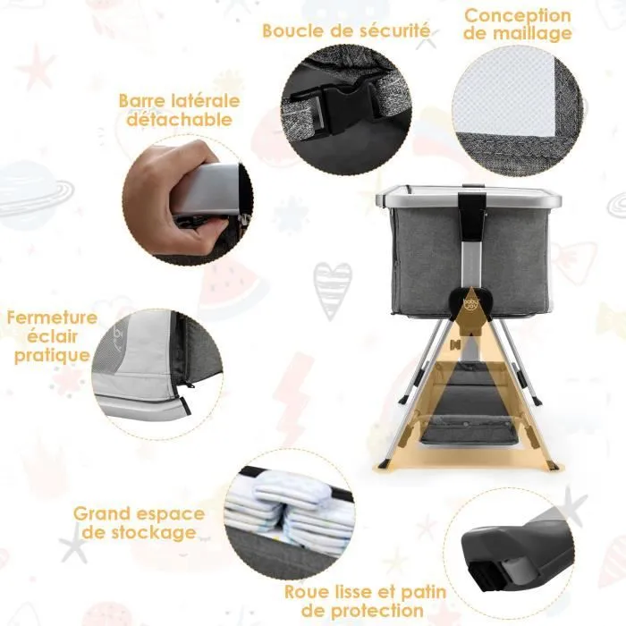 COSTWAY Lit Cododo Bébé avec Matelas 7 Hauteurs Réglables Espace de Rangement Fenêtre en Maille Respirante 0-36 Mois Gris Foncé-3
