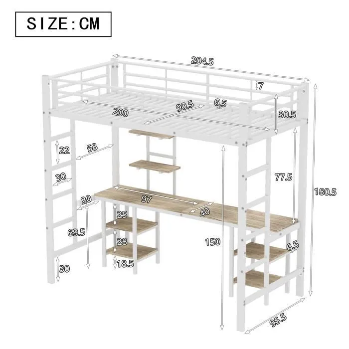 Lit mezzanine - Enfant - 90x200 cm - Bureau et étagères - Fer blanc - Sécurisé EN747-3