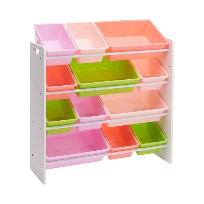 Basics - 841375 - Amazon Rangement pour jouets avec 12 bacs en plastique - Bois blanc avec bacs roses, 10.9" x 33.6" x 31.1"-0