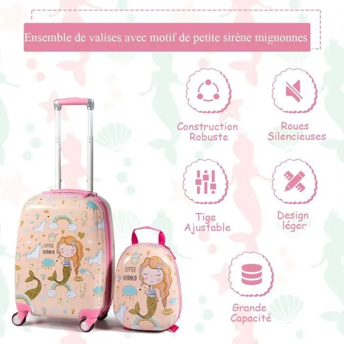 Valise Enfant 18" et Sac à Dos 12" - COSTWAY - Dessin Sirène - 4 Roulettes - Poignée Réglable-2