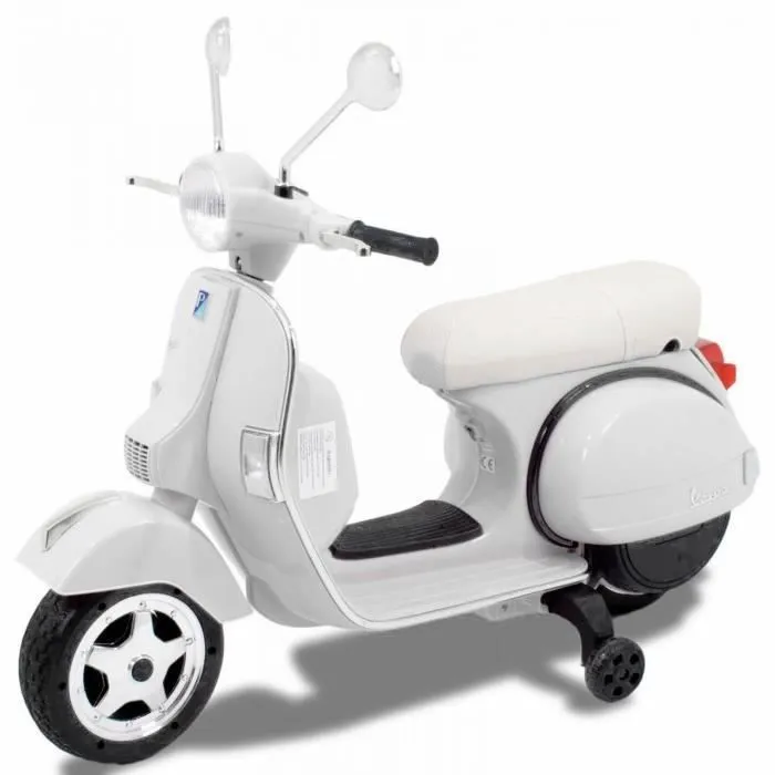 Vespa Scooter Moto Electrique Pour Enfants - VESPA - 6V - Blanc - Avec Lumieres - MP3-USB - Roues Auxiliaires