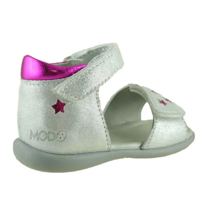Sandales fille - MOD8 - Garance - Cuir et tissu argenté - Étoiles fuchsia - Scratch-2