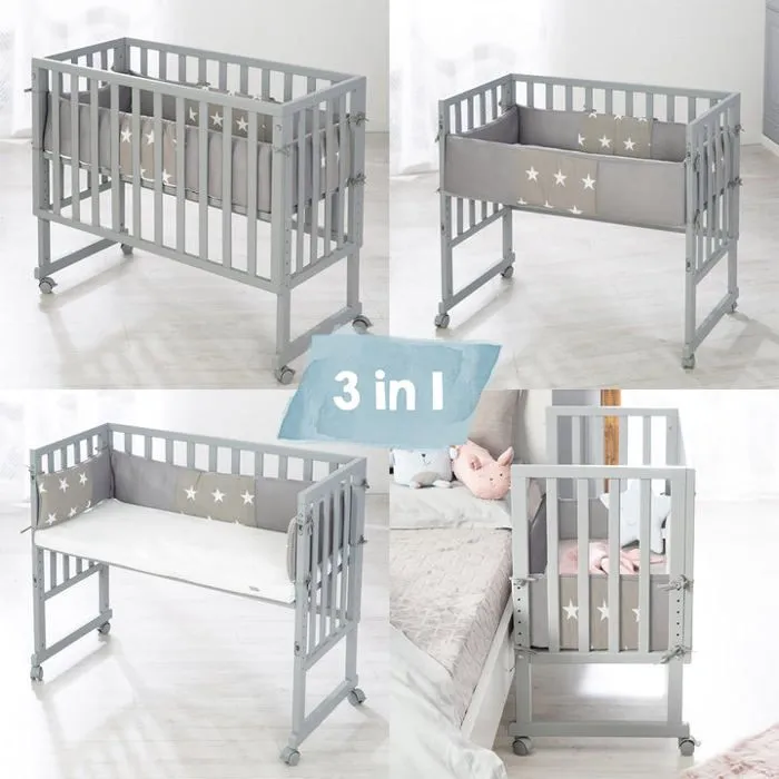 Berceau Cododo ROBA 'safe asleep®' 2 en 1 + Matelas + Barrière et Tour de lit 'Little Stars' - Gris-5