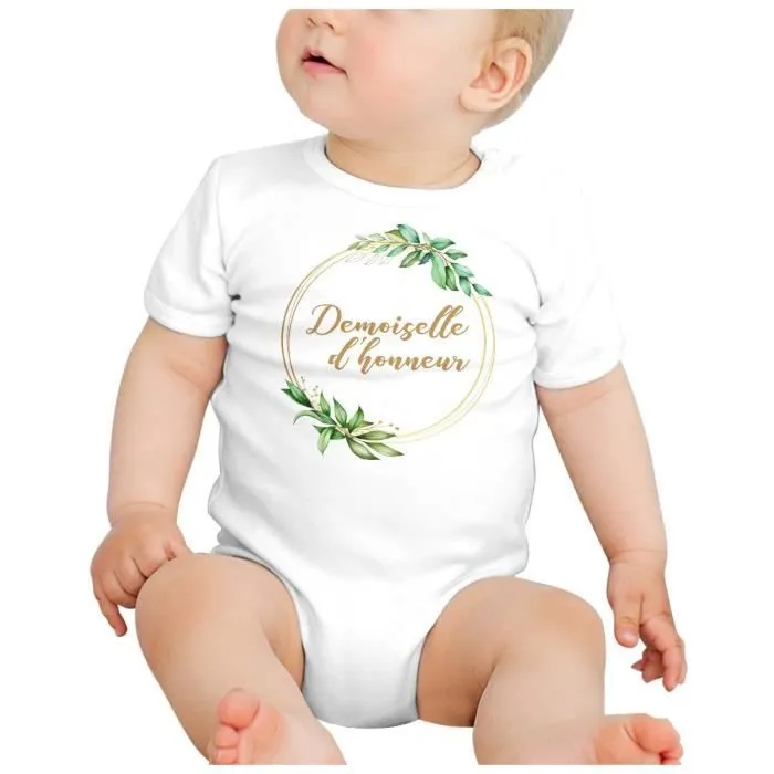 Body Bébé Manche Courte Blanc Demoiselle d'Honneur Mariage Noces Cercle Fleurs-1
