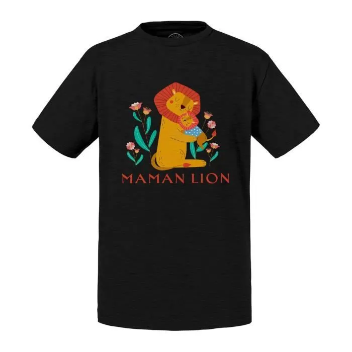 T-shirt Enfant Noir Reine Maman Lion Dessin Illustration Savane-0