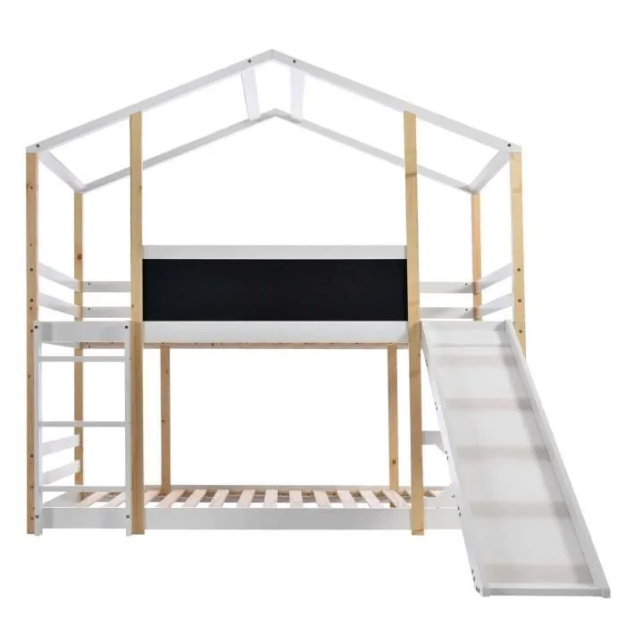 Lit superposé 90x200cm, lit cabane avec échelle et tableau noir, toboggan, cadre en pin massif, naturel-2