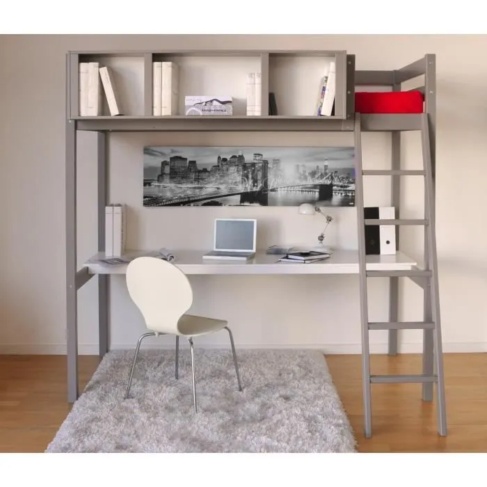 Lit mezzanine adulte LOU 90x190 cm + sommier - Bois massif laqué gris - Bureau et rangement 3 niches-0