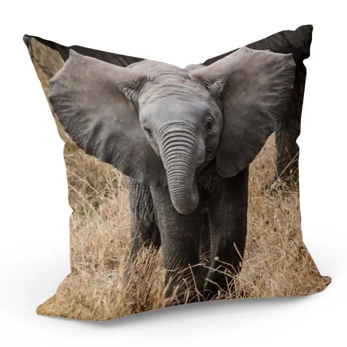 Coussin Bébé Éléphant dans la Savane Vie Sauvage (40x40cm)-0
