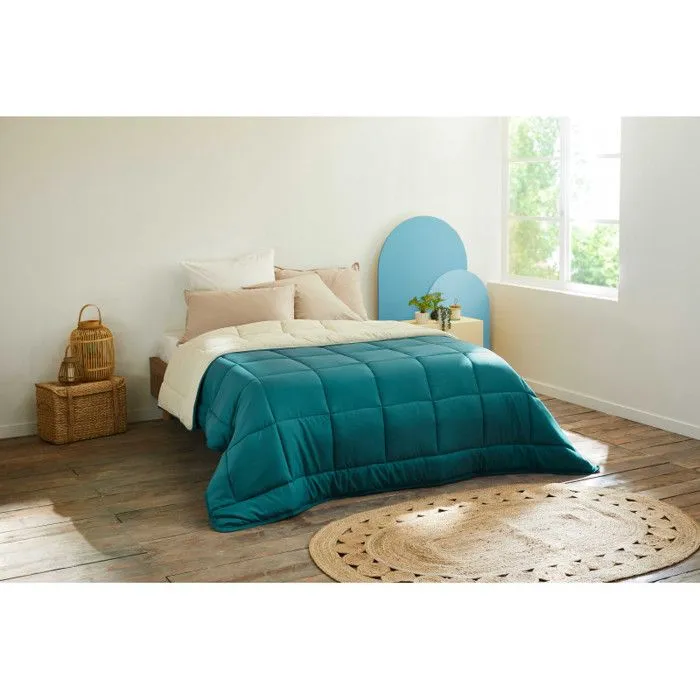 Couette chaude Bicolore Gamme Microfibre "Cocoon Non feu" Toison d'or - cocoon Bleu Paon Galet - 160 x 220 cm pour lit 1 place-1