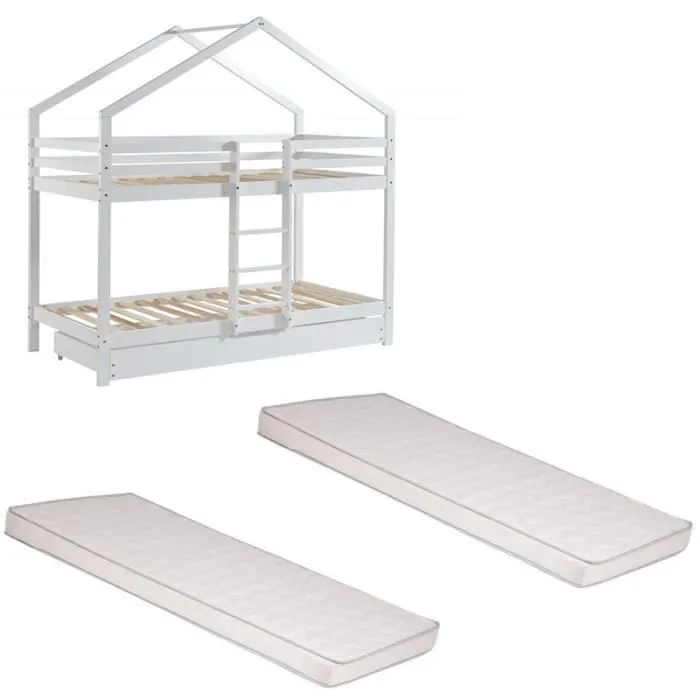 Ensemble Lit Superposé Caravane Blanc 90x190 + 2 Matelas Enfants 90x190 - Laïba Kids-0