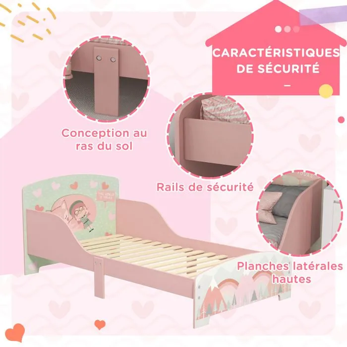 Lit pour enfant ZONEKIZ 3-6 ans avec barrières de sécurité et motifs dim. 77 x 143 x 60 cm sommier à lattes inclus - rose-5