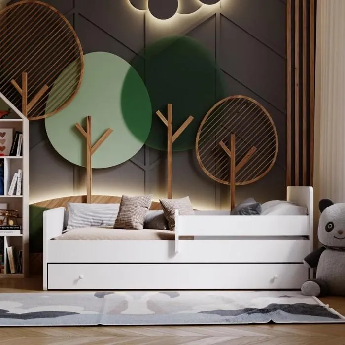Lit d'enfant Complet 80x160 cm MAX sommier, barrièreères, tiroir, matelas pour Filles garçons lit Simple - BLANC-4