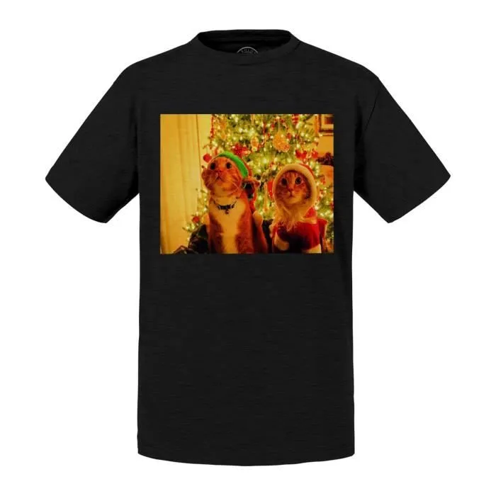 T-shirt Enfant Noir Chats Roux De Noel Sapin-0