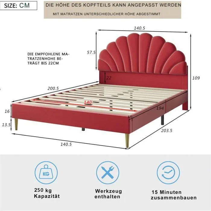Lit 140x200cm - MARQUE - Tête de lit fleur - Velours rouge vin - Style scandinave - 2 places-3