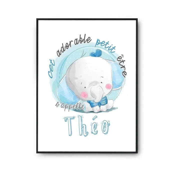 Affiche bébé prénom Théo Éléphant | Poster pour chambre bébé et enfant pour décoration murale qualité papier Premium A3-0