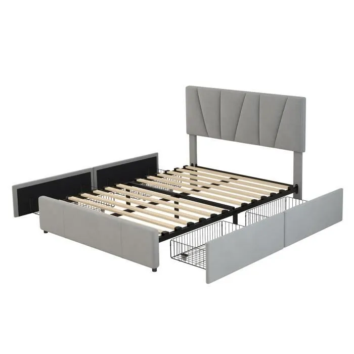 Lit double scandinave 140x200 cm avec 4 tiroirs, Lit capitonné en velours, Tête de lit réglable, Gris-2