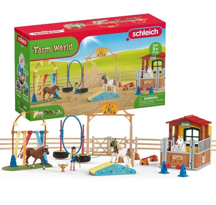 Schleich - 72149 - Agility dans la boite a Chevaux, des 3 Ans, Farm World - Coffret, 38.7 x 11 x 23-0