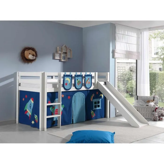 Lit mezzanine avec toboggan en pin massif blanc - Vipack - Pino - 90x200 cm - Laque UV-1