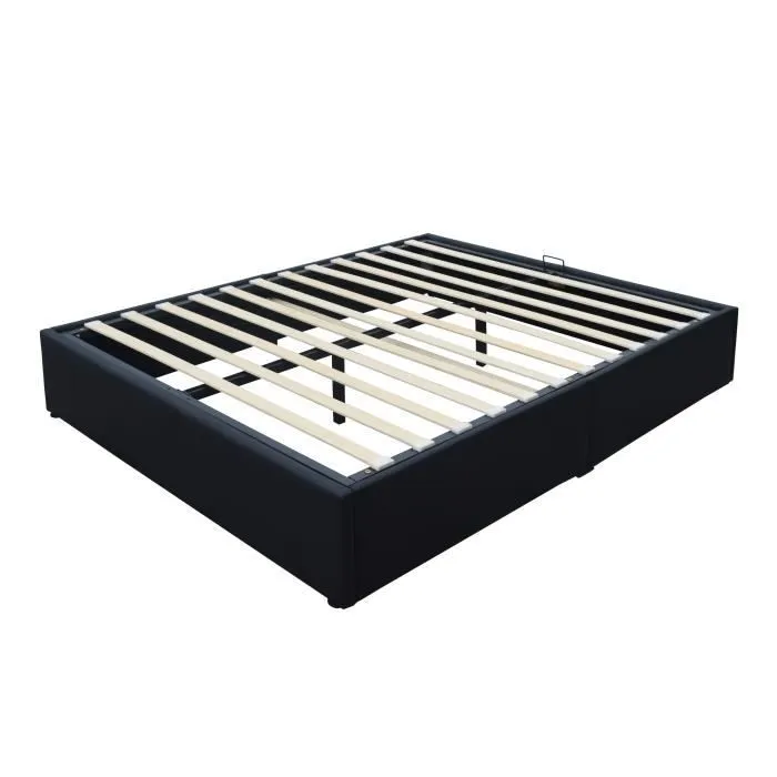 Lit Coffre LORIS 140x190 - - Noir - A Lattes - Avec Tiroirs-3