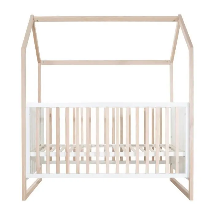 ROBA Lit Bébé Cabane 70 x 140 cm - Convertible + Réglable en Hauteur - Lit Évolutif avec 3 Barreaux Amovibles - Bois Naturel - Blanc-2