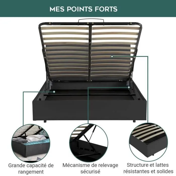Lit Coffre Majestueux 90x190 Noir Sampur | Sommier à Lattes Inclus | Simili Cuir | Rangement Pratique Space-D | Solide & Durable-2